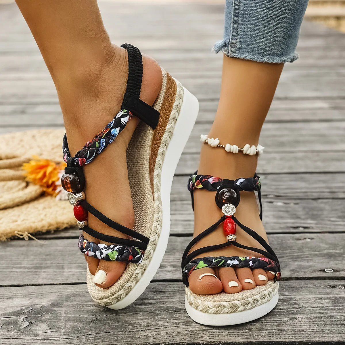 Fashion T-Strap Platform SandalsWomen New Mix Color Elastic Band Wedge Sandals Woman Summer Daily Open Toe Sandalias Female