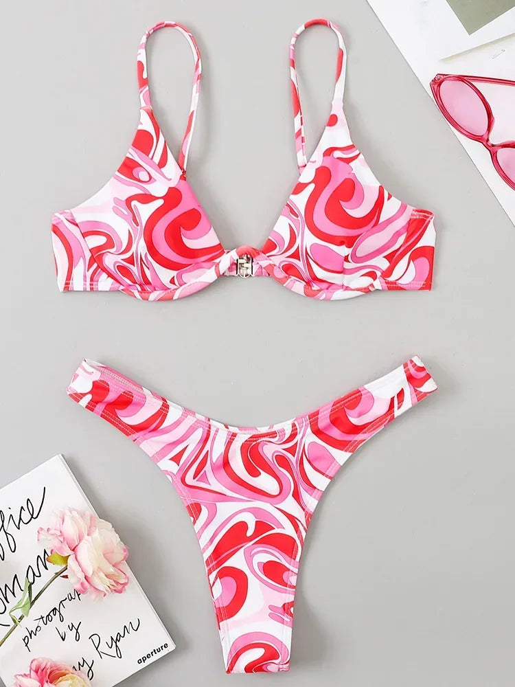 High Cut V-bar Underwired Bikini Women Swimsuit Female Micro Thong Swimwear Two-pieces Bikini Set Push Up Bathing Suit Swim Lady