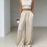 Elegant Solid Color Women's Satin Wide Leg Pants Lace Trim High Waist Loose Fit Trousers For Daily Vacation