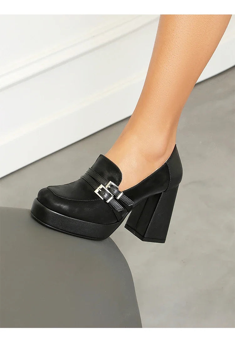 Square Toe Platform Double-Layer Buckle Shallow Sleeve Office Pumps Ultra-High Thick Heel Breathable High Heels
