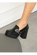 Square Toe Platform Double-Layer Buckle Shallow Sleeve Office Pumps Ultra-High Thick Heel Breathable High Heels