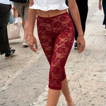 Women Burgundy Floral Lace Capri Leggings Sheer See Through Knee Length Pants High Waist Slim Fit Casual Summer Streetwear