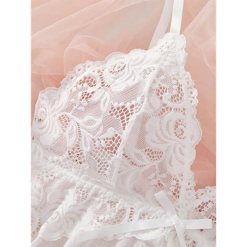 1 Set Of T-Back Nightgown For Women Plus-size Sexy Accessories Transparent Lingerie Night Dress Low-rise White Female Underwear