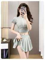 Split Sports Swimsuit, Women's Flat Corner Skirt Style Two-piece T-shirt, Girls' Student Sun Protection Swimming Suit