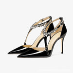 Rhinestone High Heels 2025 Summer Versatile Pointed Heel One-word Buckle Bag Head Sandals Women Black Strap High Heel Sandals 45