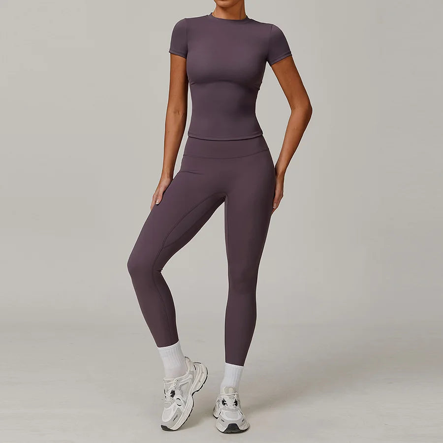 New Yoga Set Two Piece Women Short Sleeve Top with High Waist Leggings Seamless Workout Clothes Patchwork Sport Fitness Gym Sets