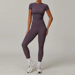 New Yoga Set Two Piece Women Short Sleeve Top with High Waist Leggings Seamless Workout Clothes Patchwork Sport Fitness Gym Sets