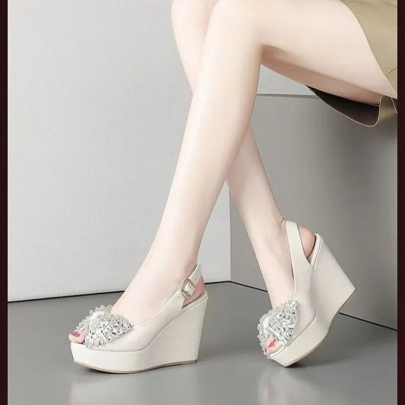 2026 NEW Women's Fashionable and elegant High Heel Platform Sandals Summer Waterproof Thick Bottom Transparent Rhinestone Sexy