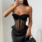 Women Corset Vest Sexy See Through Dot Print Lace Trim Club Wear Fishbone Tank Top Strapless Buckle Tie Rope Perspective Tops