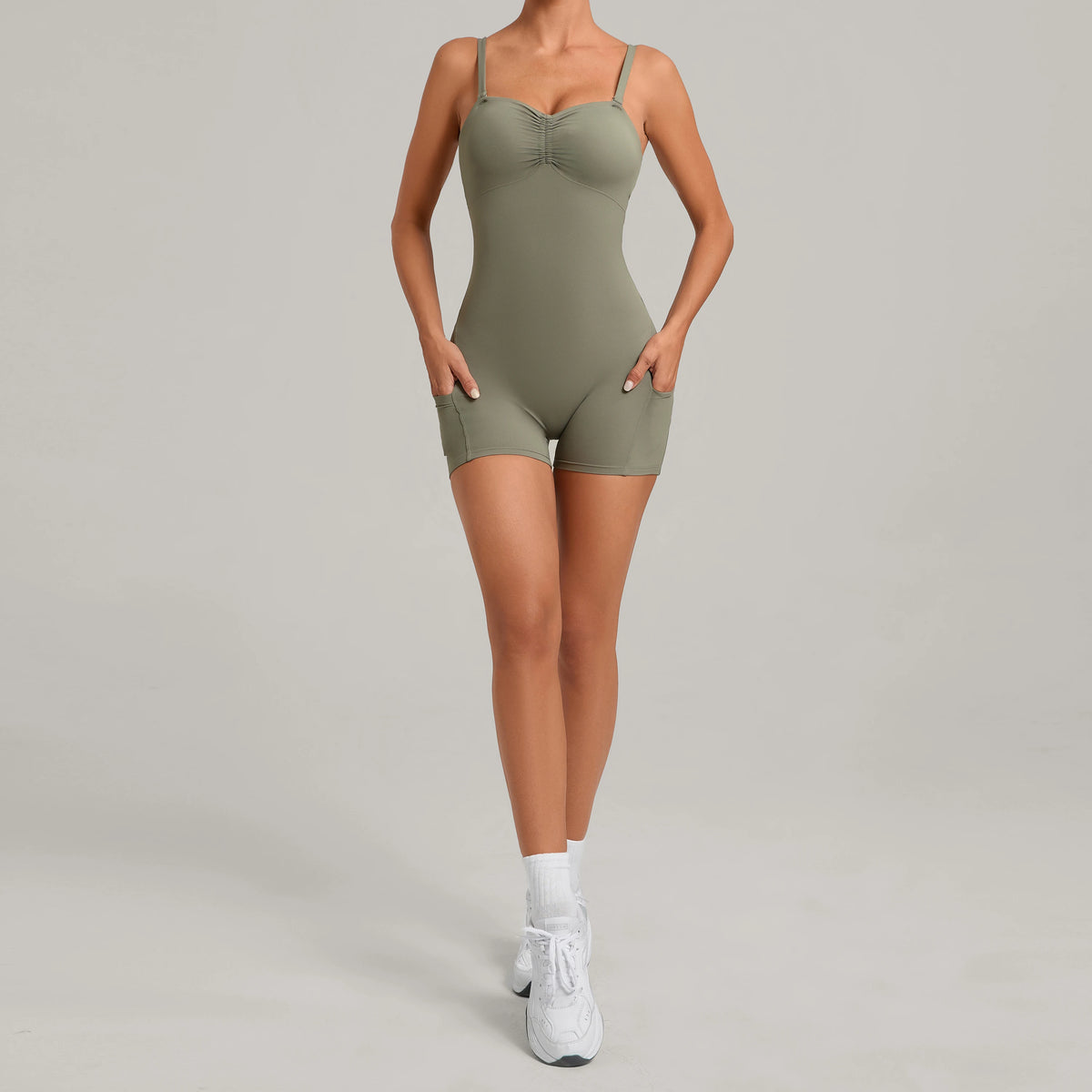 Womens Two Way Wear Bodysuit Sleeveless Yoga Stretch One Piece Romper Sexy Fitness Side Pockets Sportwears Bodysuit