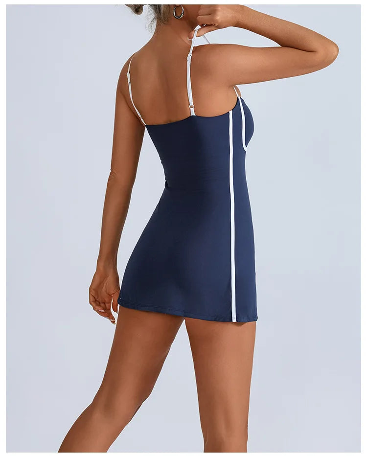 Women's Tennis Dress Summer Sleeveless Pink Contrast Workout Yoga Dresses Build in Shorts Fashion Tight Fitting Skirts Suit