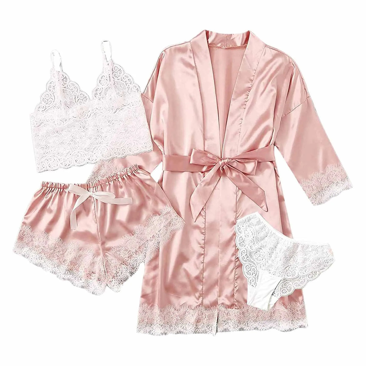 4pcs Women Striped Lingerie Set Lace Trim Robe Camisole Shorts Panties Nightwear Sleepwear Homewear Sexy Pajamas Outfit