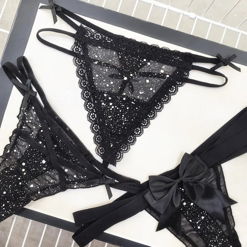 Sexy Women's Thong Erotic Cross Hollow T Pants Starry Sky Shiny Sequins Black Mesh Transparent Bow Perspective Briefs Lingerie