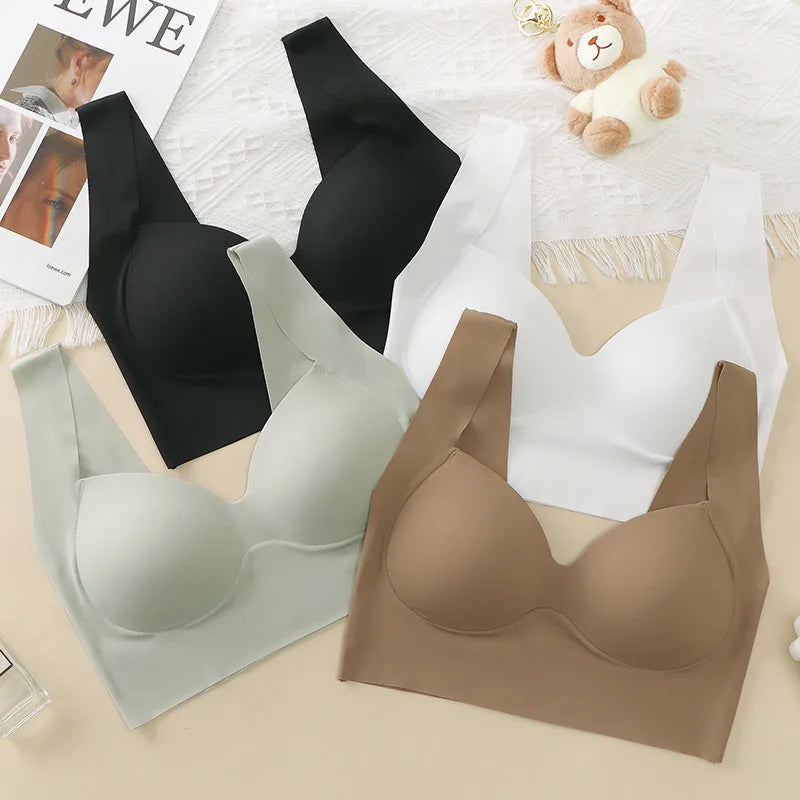 Ice Silk Wireless Bras For Women Push Up Chest One Piece Outer Wear Bra Traceless Underwear Vneck Female Lingerie