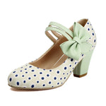Plus Size 33-48 Sweet Polka Dot Mary Jane Heels Shoes Women Pink Blue Side Bow Tie Round Toe Chunky Block Heel Cute Lolita Pumps