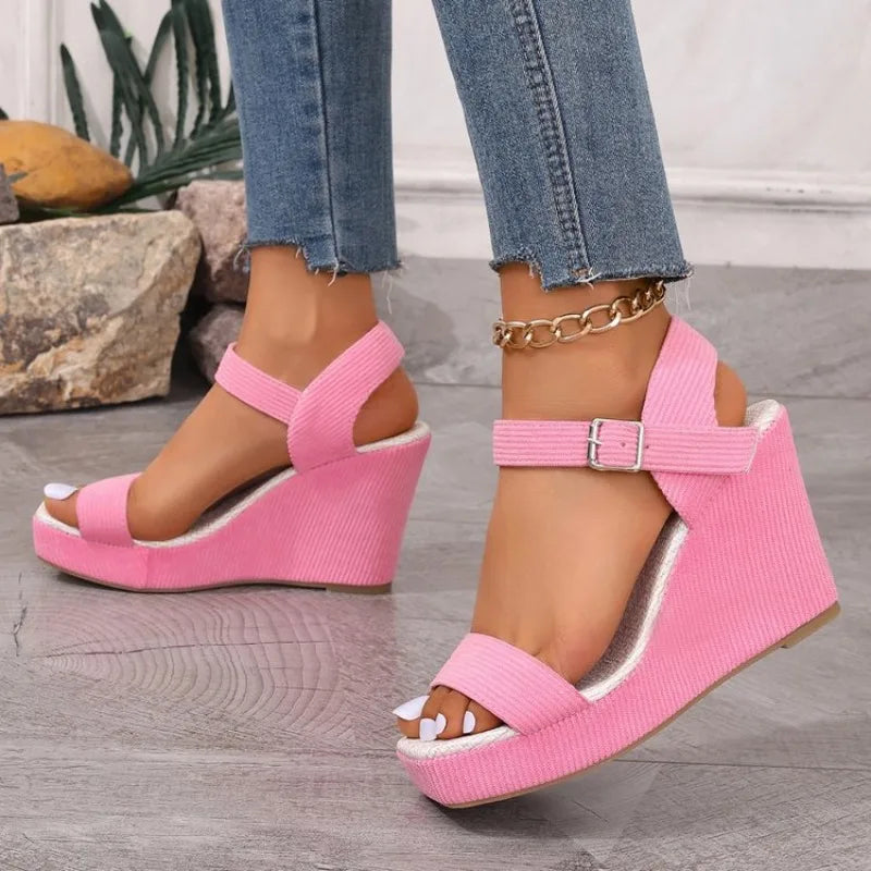 2026 New Platform Wedge Sandals Solid Color Round Headed Square BuckleHigh-heeled Sandals