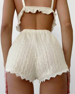Women Pajamas Summer Fashion Lace Trim Ruffle Hem U-Neck Spaghetti Strap Cable Textured Cami & Casual Home Shorts Set Sleepwear