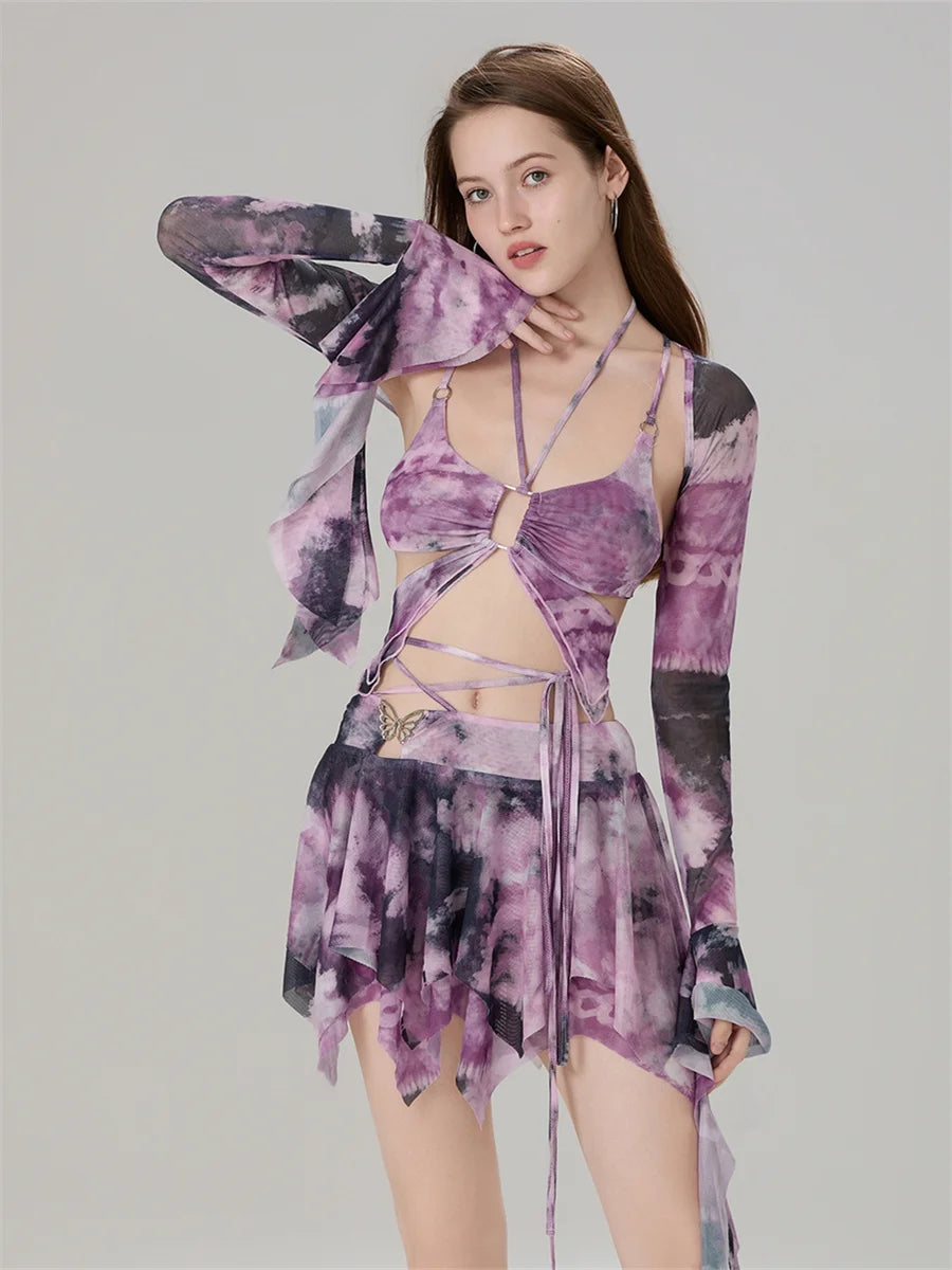 Women 3 Piece Sets Long Sleeve Shrug + Halter Tank Top + Irregular Pleated Skirts Y2K Aesthetic Gothic Sexy Streetwear