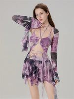 Women 3 Piece Sets Long Sleeve Shrug + Halter Tank Top + Irregular Pleated Skirts Y2K Aesthetic Gothic Sexy Streetwear