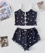 Cute Heart Print Pajama Set Women's Ribbed Cami Top & Shorts Bow Detail Sleepwear Loungewear Soft Comfortable Pj Set New Fashion