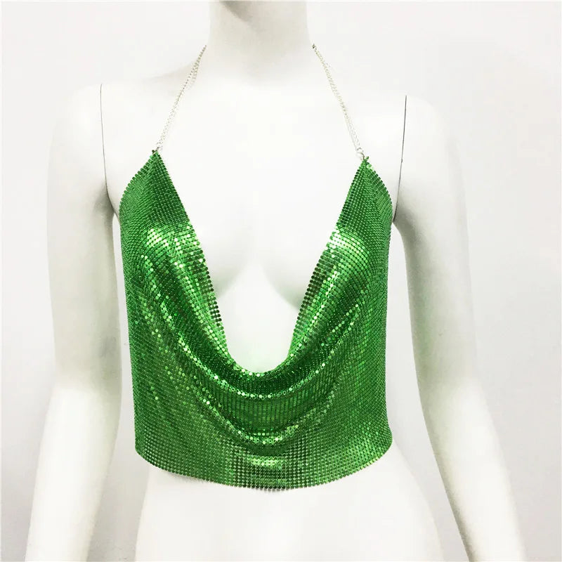 DEKA Bling Bikini Tops Deep V Neck Vest Backless Sequins Women Crop Top Night Club Diamonds Metal Tank Adjustable Halter Shiny