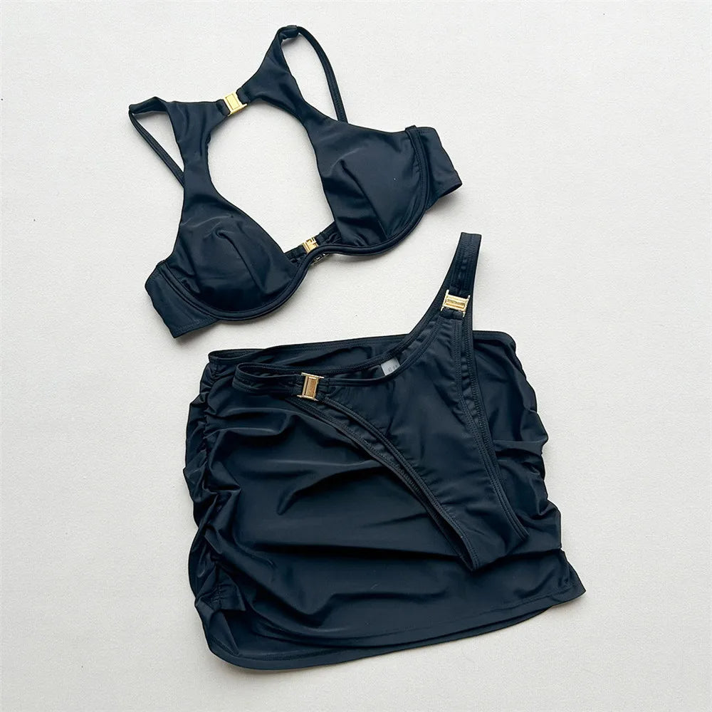 Solid Black Metal Buckle Bikini Push Up Mujer Mini Skirts Micro Thong Sexy Swimsuit Women 2026 Holiday Bikinis Sets 3 Pieces