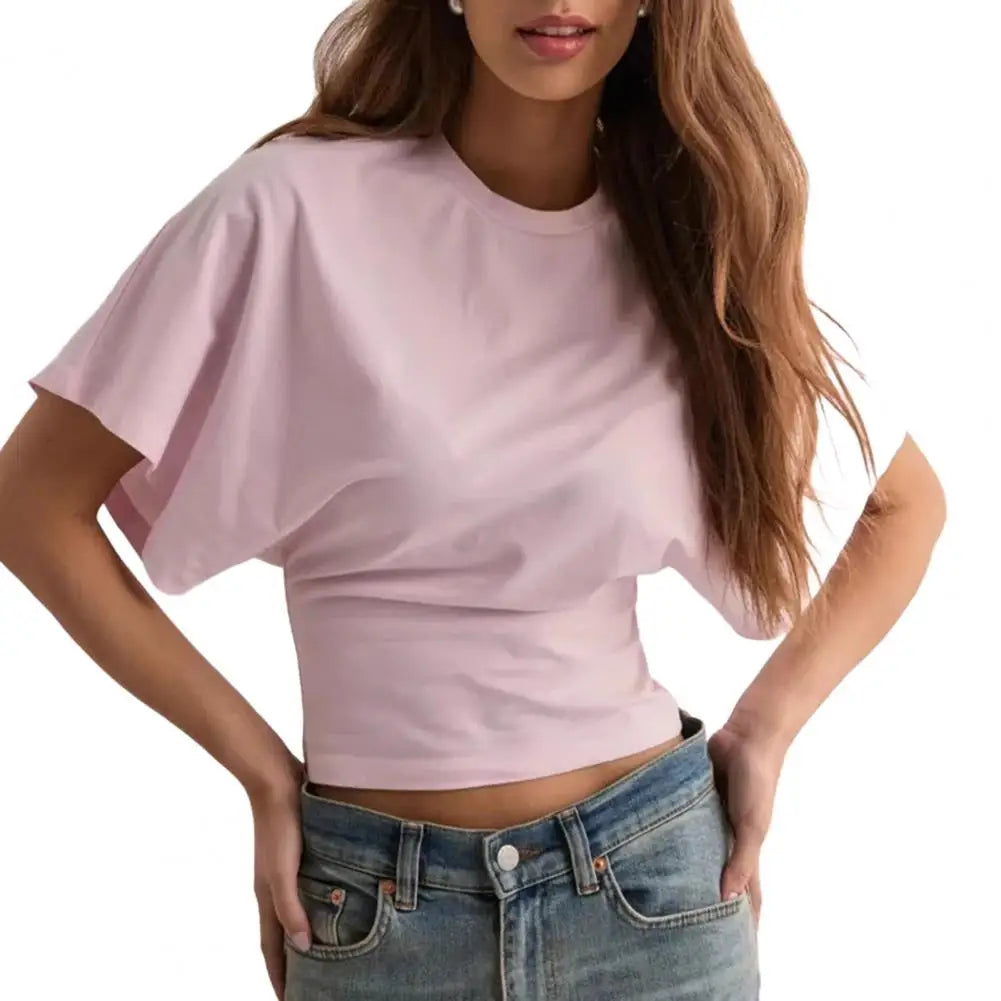 Women Solid Color Round Neck T-Shirt Breathable Casual Top Summer Short Sleeve Pullover Tee for Work Daily Wear Parties