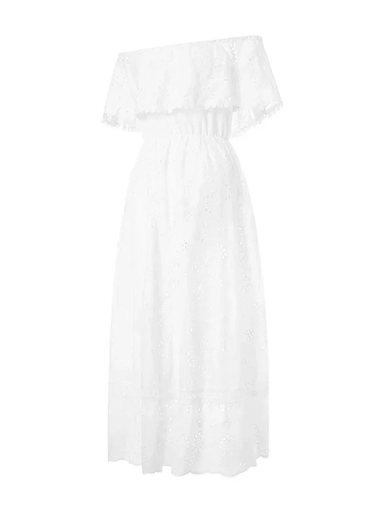 Women Bohemian White Long Dress Short Sleeve Off Shoulder Lace Ruffle Loose Dress Summer Holiday Beach Casual Dresses Female