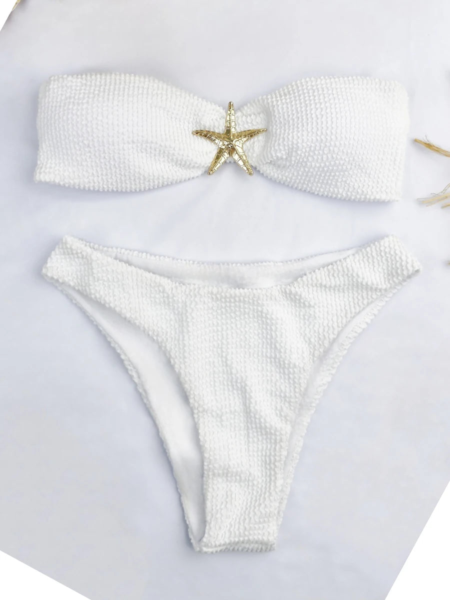 2026 Bandeau Bikinis Starfish Swimsuit Women Sexy Padded Swimwear Female Solid Beachwear Bathers Bathing Swimming Swim Suit
