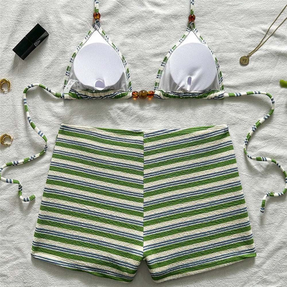 Sexy Striped Print Triangle Bikini with Shorts Halter Bead String Swimsuit Woman 2026 Swimwear Brazilian Bikinis Sets Femmes
