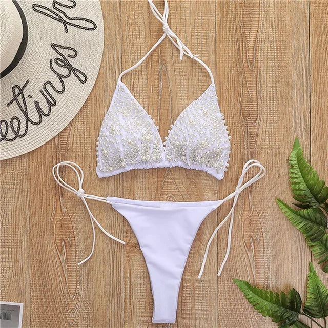 S - XL Halter Luxury Pearl Bikini Female Swimsuit Women Swimwear Two-pieces Bikini set Mini Micro Bather Bathing Suit Swim Lady
