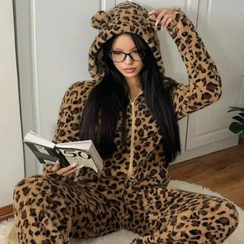 Thickened Coral Fleece Ladies Pajamas Winter Ear Printed Leopard Patterned Sleepwear One-Piece Home Clothes for Women Bodysuit