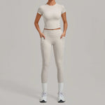 Women Tracksuit Yoga Sets Short Sleeve Slim Sports T Shirts Workout Clothes Outdoor Tight High Waist Pocket Pants Fitness Suits