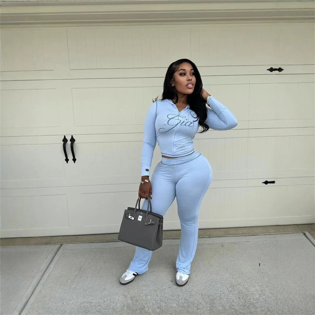 2026 New Women Ins Fashion Solid Color Sexy Straight Shoulder Contrast Stitch Long Sleeve 2 Piece Outfit
