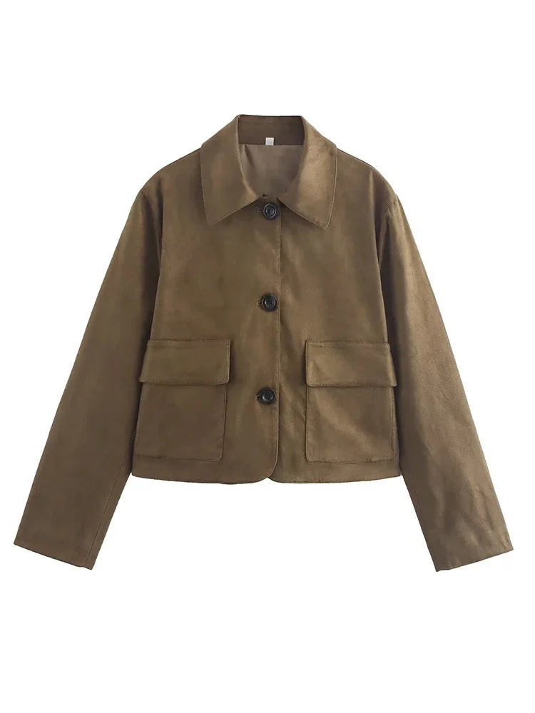Foridol Casual Brown Jacket Women Autumn Winter Loose Short Buttons Coat Suede New Fashion Jacket Femme Veste