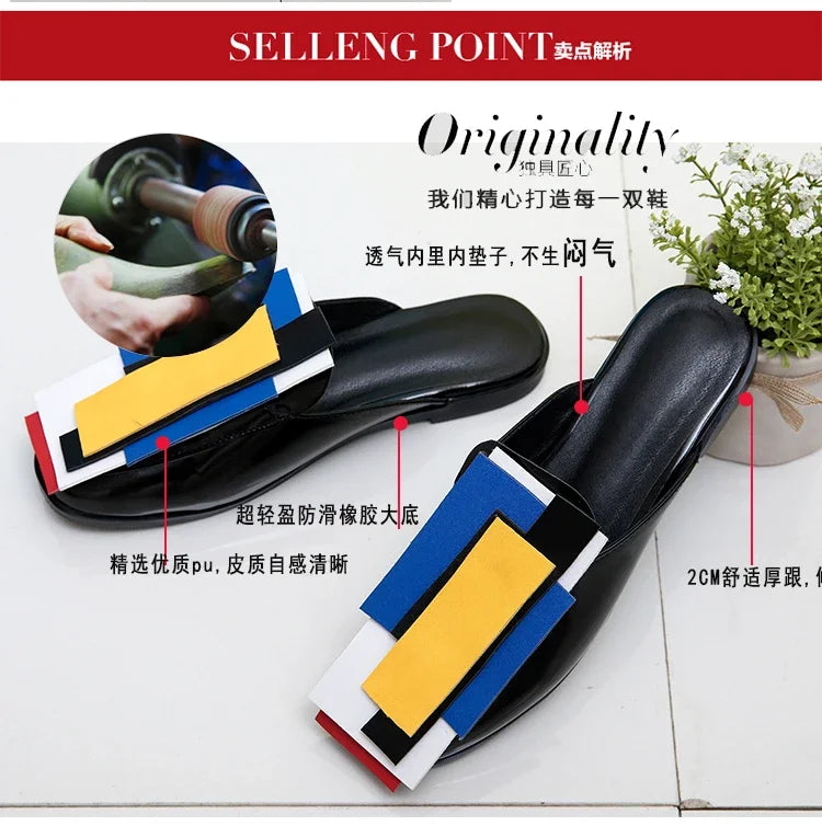 Summer Women Slipper High Block Heels Mules Party Club Ladies Mixed Color White Outdoor Slip-on Square Toe Shoes