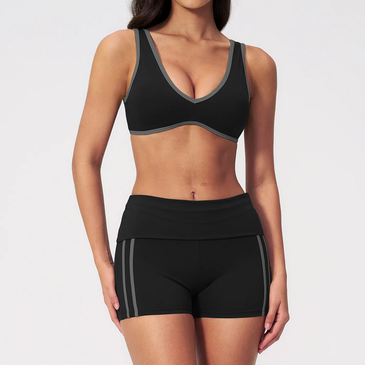 Tight Color Contrast Yoga Suit 2 Pieces Women V Neck Sports Bra Pleate High Waist Shorts Gym Running Fitness Suits Tracksuit