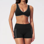 Tight Color Contrast Yoga Suit 2 Pieces Women V Neck Sports Bra Pleate High Waist Shorts Gym Running Fitness Suits Tracksuit