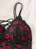 Lips Print Lace Women Sexy Lingerie Set Hollow-out Unlined Camisole Bra Breathable Sheer Women's Underwear Set