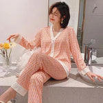 Spring and Summer New Ice Silk Pajamas Homewear Set Girls Long-Sleeved V-Neck Cardigan Simulation Silk Lapel Pajamas Homewear Se