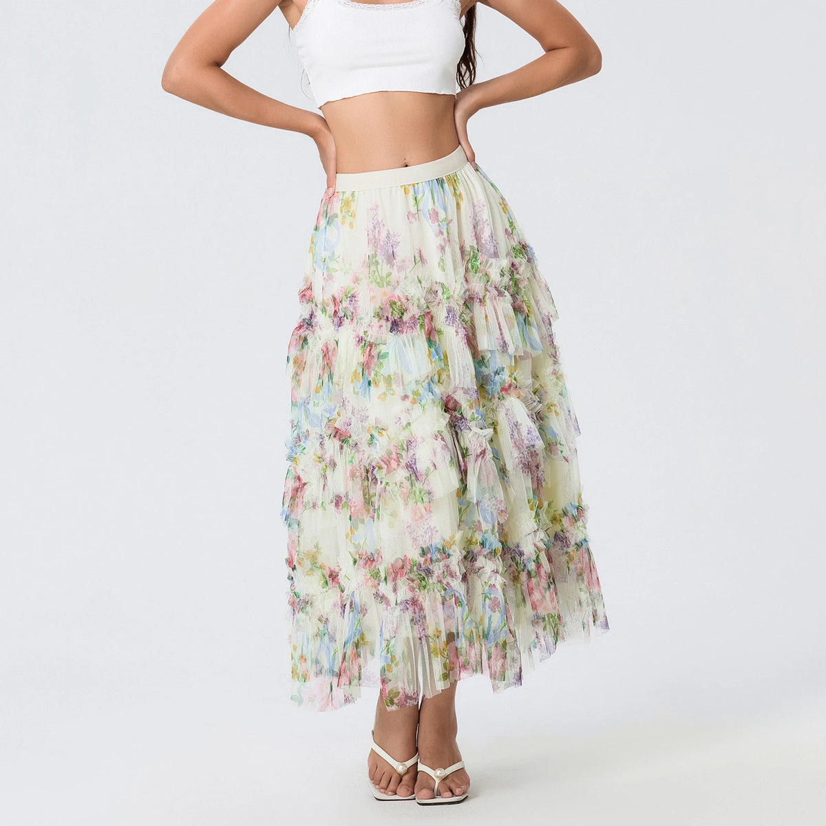 Early Fall Floral Print Ruffle Mesh Skirt Women Irregular Flowy A-line Midi Skirt for Travel, Beach, Shopping