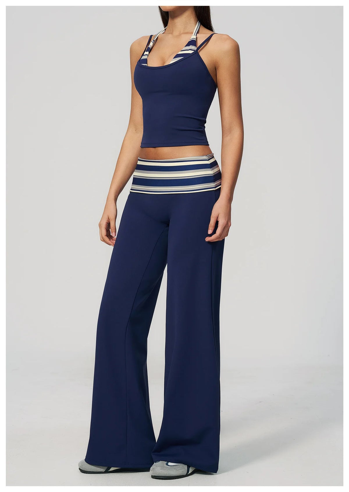 Women's 2 Piece Yoga Set Halter Neck Crop Top Fold Over Waist Wide Legged Flare Trousers Polka Dot Striped Gym Workout Running