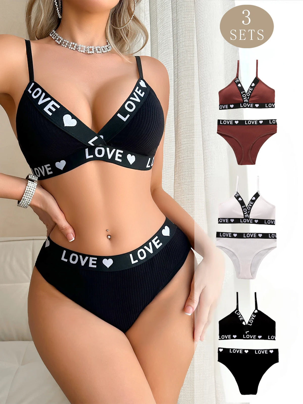3 Sets Soft Cotton women's underwear set Solid Color Ribbed Splice Letter Print Wireless Bra Daily Comfortable Women's Panties