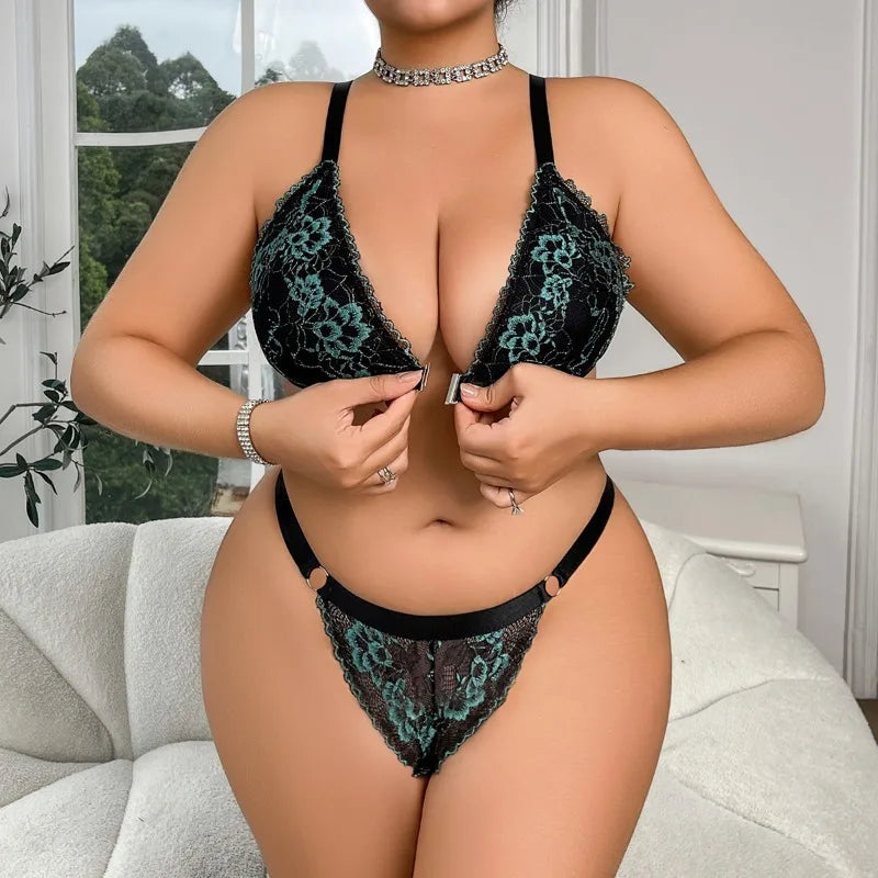 Women's Plus Size Lingerie Sexy Lace Edge Bras and Pants Two-piece Comfortable Gathering Large Underwear Front-button Bra Sets