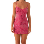 Women Sexy Beaded Sequins Flower Embroidery Sleeveless Cami Dress Summer Cross Backless Spaghetti Strap Mini Dresses