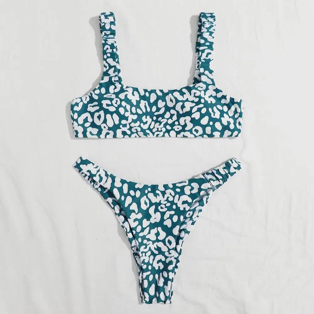 2 Pcs/Set Lady Swimwear Set Leopard Print Quick Dry Women Bathing Suit Slim Fit Wireless Summer Bikini Set For Beach