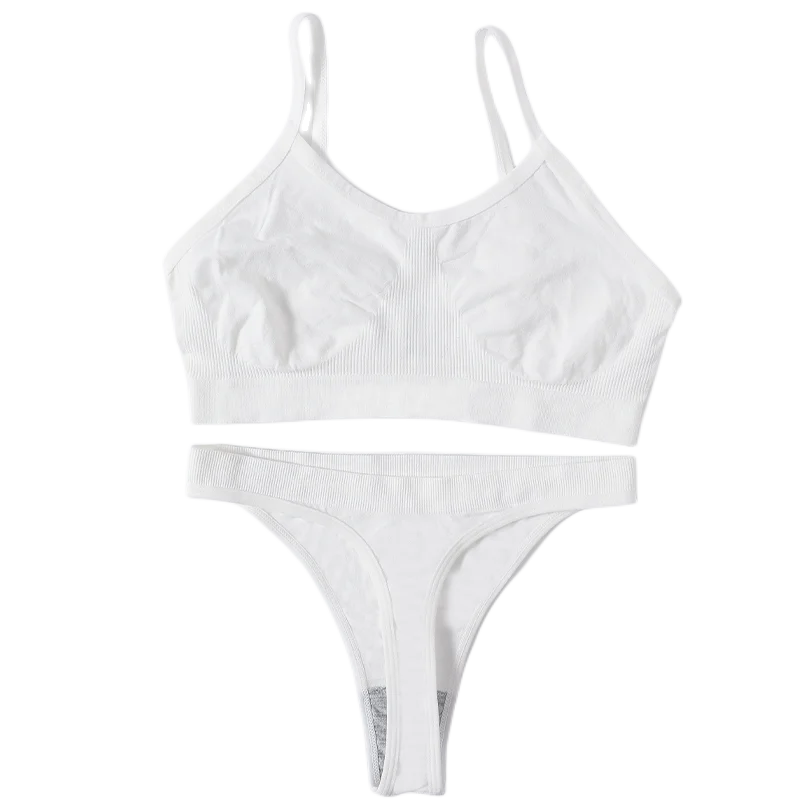 Women Ribbed Bra And Panties Set Seamless Bra Low Rise Thongs Sexy Lingerie Set Comfort Wire Free Tops Female Underwear