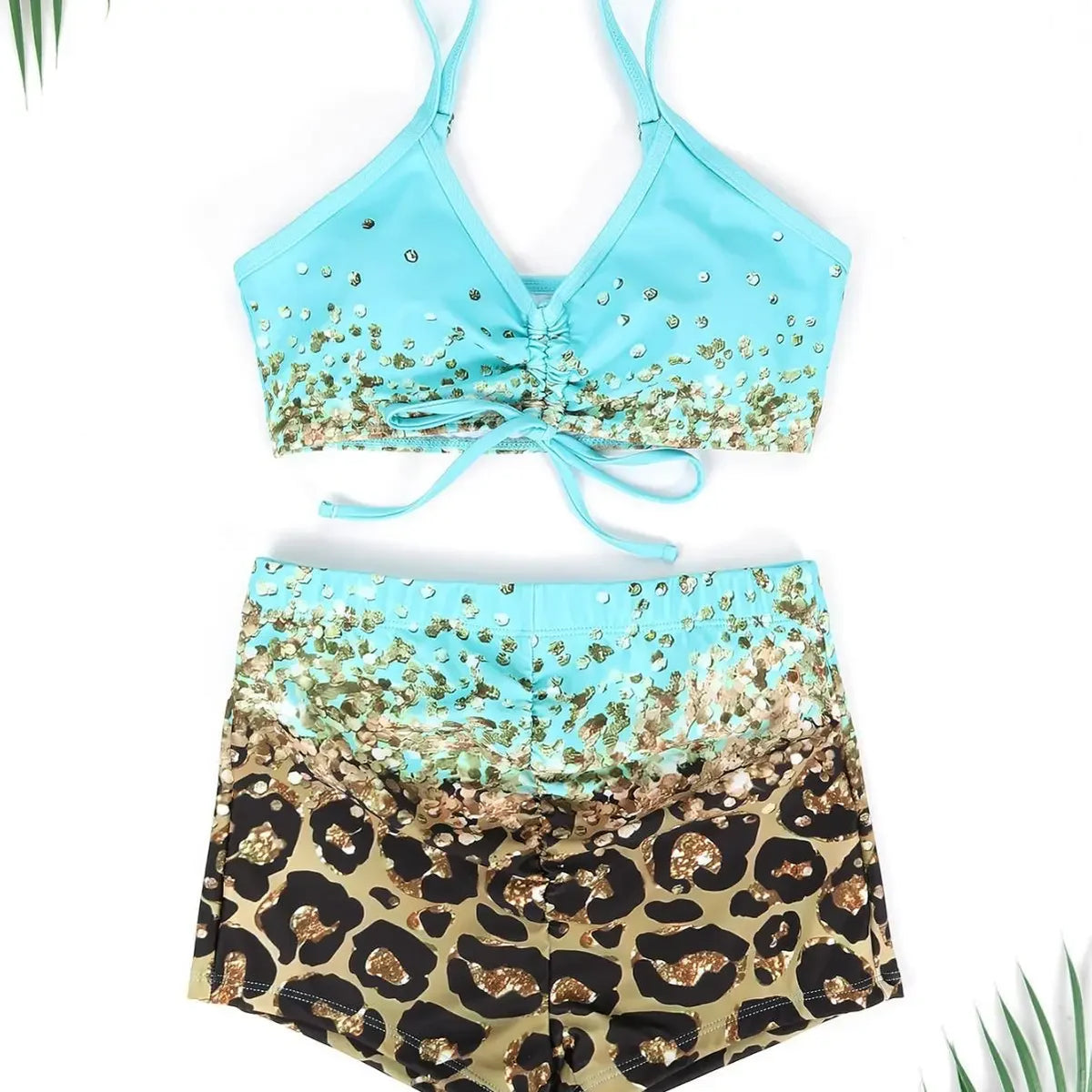 Women Bathing SuitPrint Leopard Bikinis 3 Pieces Swimsuit Kimono High Waist Bikini Shorts Long Sleeve Beach Cover Up Swimwear