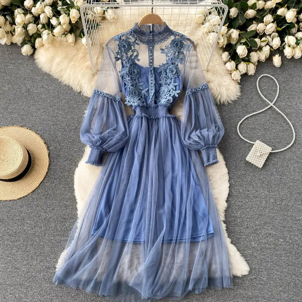 2 Pcs/Set Women Dress Suit Floral Embroidery See-through Lace Lantern Sleeves Pleated A-line Elastic Waist Dress Slip Dress Suit
