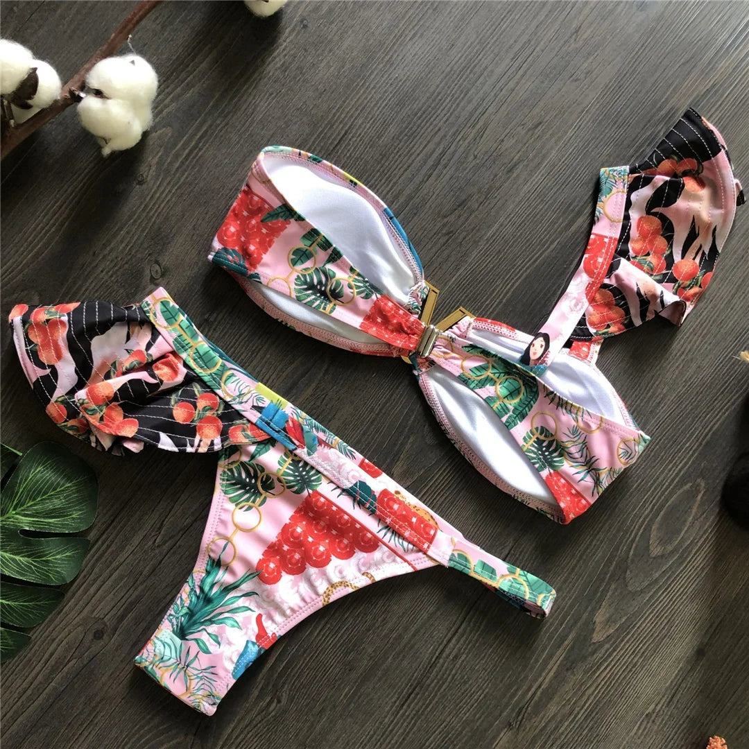 Flower Printed One Shoulder Bikini Women Swimwear Female Swimsuit Frilled Bather Bathing Suit Swim Two-pieces Bikini set K8049